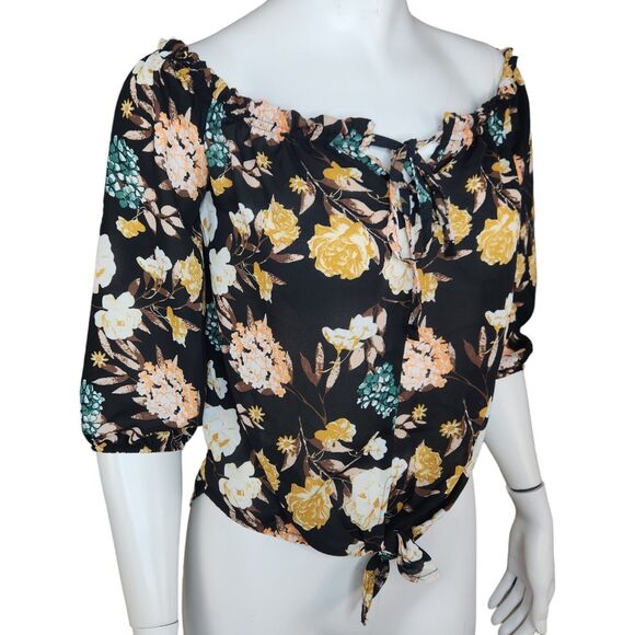 Rue 21 Women's Small Blouse Off-The Shoulder Keyhole Neckline 3/4 Sleeves Floral - Picture 5 of 13